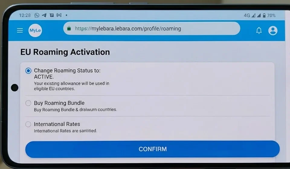 A screenshot of the official MyLebara mobile web portal interface, showing the selected option to activate standard EU Roaming. This represents the legitimate entry point after generic codes failed.